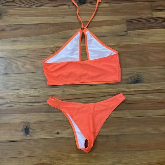 Neon Orange 3 Piece Bikini Set Womens Size Large Vacation Beach - Picture 3 of 10